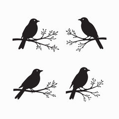 Set of Birds on tree branch black silhouettes vector art