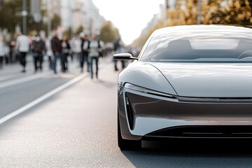 Sleek electric car parked on urban street, showcasing modern des