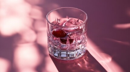 Glass filled with ice and vibrant pink drink, garnished with ber