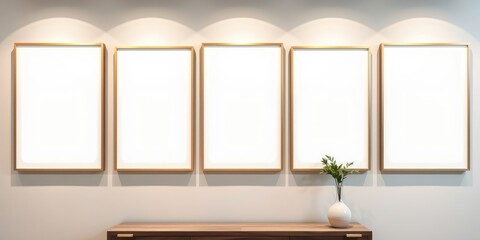 Elegant gallery wall mockup with five blank frames, showcasing a minimalist interior design aesthetic featuring a simple wooden console table and a vase with greenery