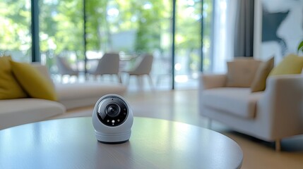 Smart security camera positioned on table in bright, modern livi