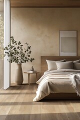 Sleek organic modern bedroom with natural textures and calm hues