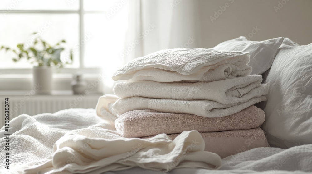 Aufkleber Freshly washed towels and linens neatly stacked on a cozy bed in a warm, inviting bedroom with soft light filtering through a window Generative AI