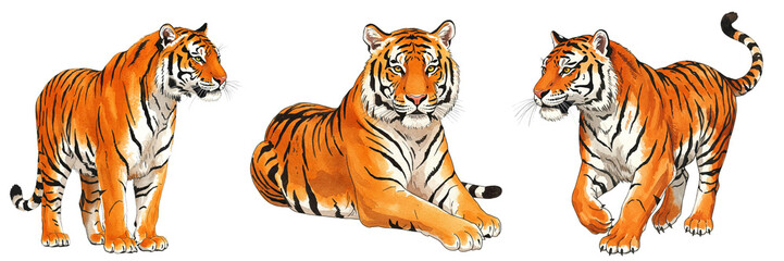 Obraz premium Bengal tiger illustrations in various poses, watercolour style clipart collection isolated on a transparent background