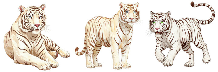 Obraz premium White tiger illustrations in various poses, watercolour style clipart collection isolated on a transparent background