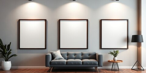 Modern Minimalist Living Room with Empty Picture Frames and Comfortable Sofa
