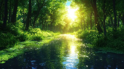 Obraz premium Sunlit Forest River: A Serene Escape into Nature's Embrace