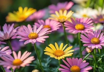 Obraz premium Colorful blossoms of daisies in a garden setting showcasing vibrant petals of pink and yellow hues under warm sunlight for floral photography