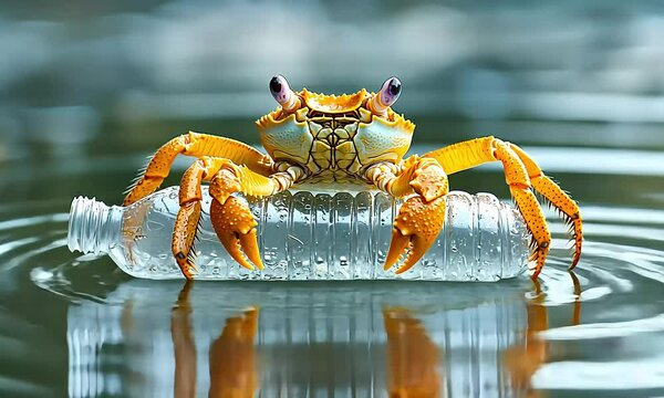 crab on the beach with plastic bottle