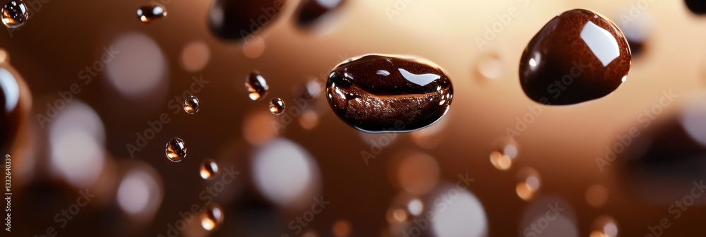 Poster Dynamic floating coffee drops captured in mid-air creating an artistic backdrop Generative AI