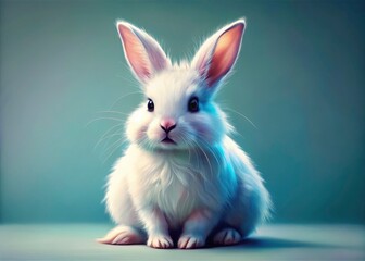 Obraz premium Cute Fluffy White Easter Bunny, Perked Ears, Vintage Photo, Adorable Rabbit