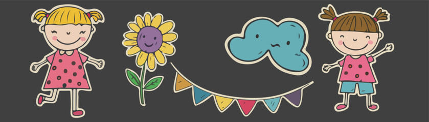 Kid crayon chalk line cloud a playful collection of stickers featuring clouds, flowers, and cheerful children, designed in a whimsical crayon style