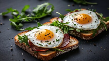 Toast with egg, ham and arugula