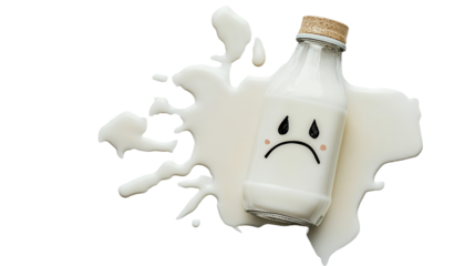 A sad milk bottle with a frown, spilled milk on the surface. transparent background