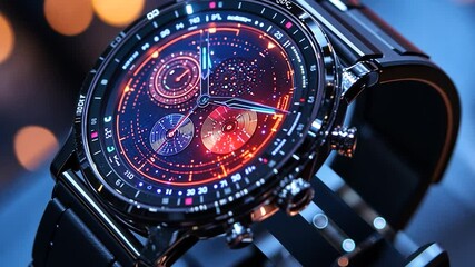 Close-up of a futuristic smartwatch displaying vibrant digital graphics - Powered by Adobe