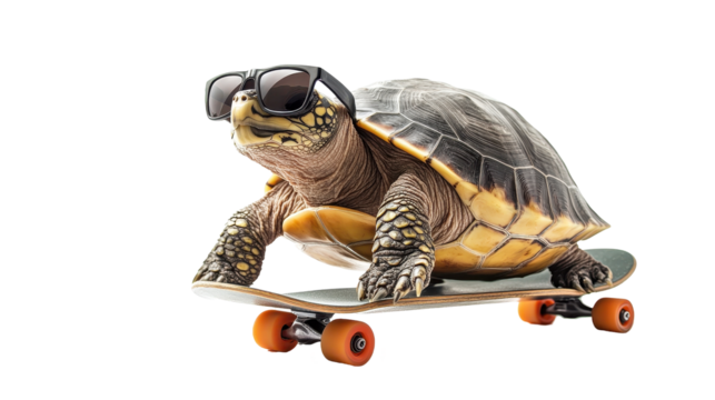 Cool turtle skating on a skateboard with stylish sunglasses. transparent background