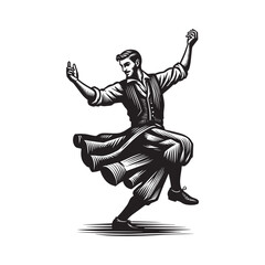 Dynamic monochrome illustration of a man performing a folk dance
