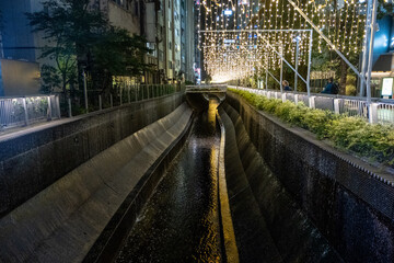 Fototapeta premium Illuminated canal reflecting golden lights at Shibuya Stream, Tokyo, Japan, November 17, 2022
