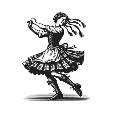 Elegant Highland Dancer in Motion with Traditional Woodcut Style Illustration