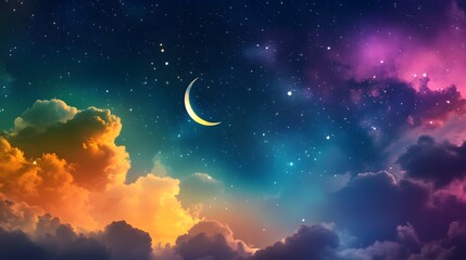 Crescent moon shining over colorful clouds and starry night sky