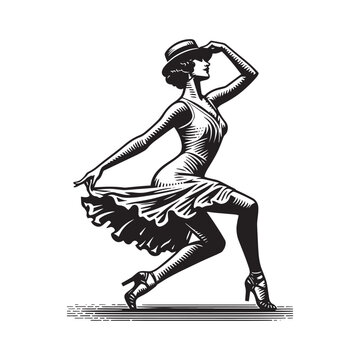 Elegant woman dancing Charleston in retro woodcut style, a stylish visual