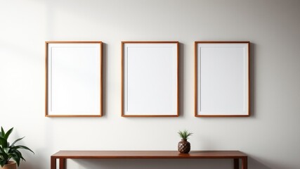 Three empty wooden picture frames on a minimalist wall above a simple wooden shelf with a small potted plant