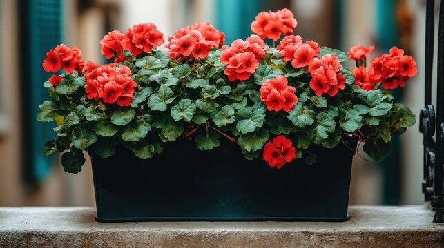 Red geraniums in a planter on a balcony.  Blooming red flowers, lush green foliage,  in a dark planter,  sitting on a light-colored stone balcony, outdoors