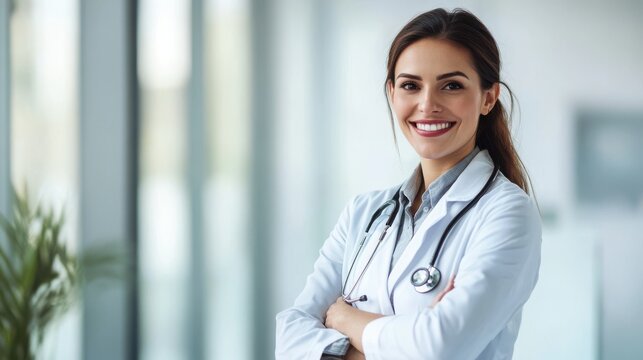 Happy and approachable female doctor in a modern clinical environment. The medical professional is positioned on the right side, leaving a well-balanced negative space on the left for copy text