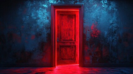 Enigmatic Passage: A Glowing Red Doorway in a Textured Dark Room