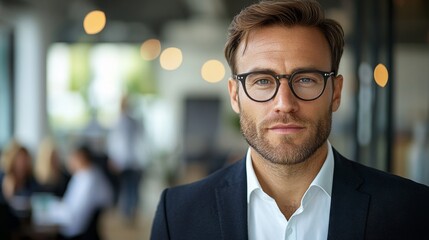 Handsome man wearing glasses and a suit coat in office setting with colleagues behind him.
