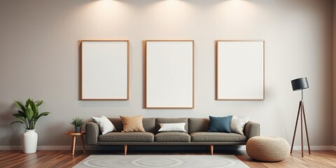 Modern Living Room with Blank Frames and Comfortable Sofa