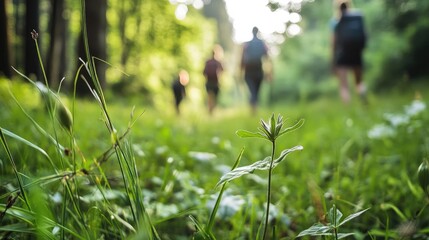 Sunlight filters through trees as hikers stroll along lush green