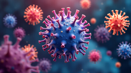 Microscopic image of a virus with a spherical structure and surface spikes. Conceptual image representing the study of pathogens, microbiology, and advanced virology in scientific research