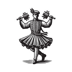 Fototapeta premium Traditional dance rendition with woodcut illustration, expressive figure and attire