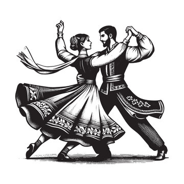 Traditional Dabke dance couple illustration in monochrome woodcut style