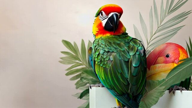 Tropical Parrot Paradise: A vibrantly colored parrot perches amidst lush foliage with a mango. The scene evokes the beauty and exotic charm of the tropics.