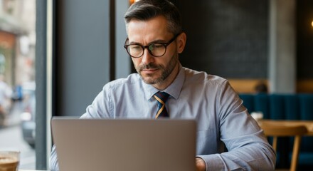 Caucasian male adult working on laptop in cafe setting