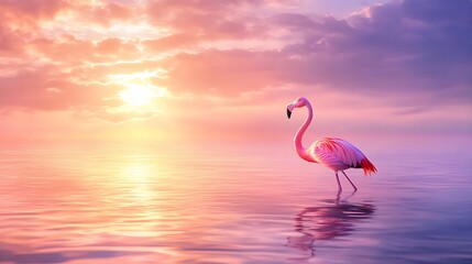 Fototapeta premium Pink flamingo in serene water at golden sunset high resolution picture