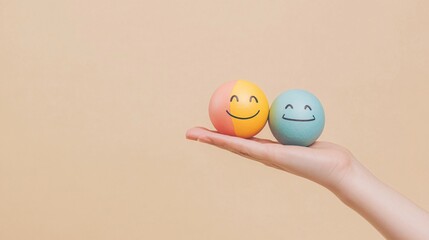 A human hand holds two smiling spheres of different colors