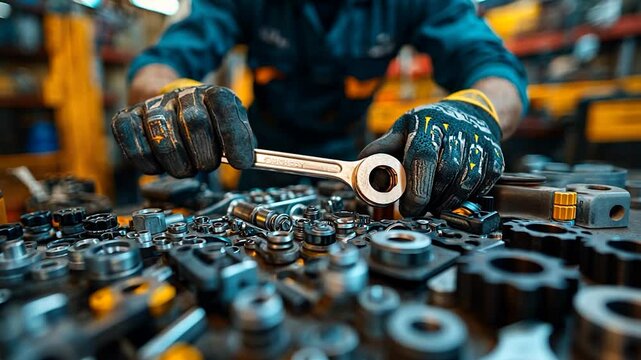Mechanic using wrench on tools in busy workshop with organized chaos