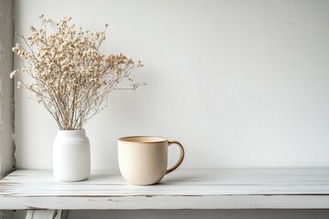 Cozy mug, dried flowers, white shelf, window light, home decor