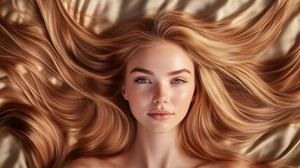 Naklejka premium Woman Portrait with Long, Flowing Golden Blonde Hair Spreading Over a Soft Velvet Background. Copy space. Generative AI