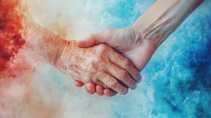 Fototapeta premium Hands of elderly person and younger person holding together against abstract background