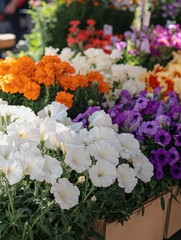 Colorful Display of Petunias and Marigolds at a Flower Market Under Bright Sunlight Showcasing Flora Beauty and Vibrant Nature in Full Bloom