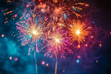 Fototapeta premium Pink Fireworks Night Display with Bokeh