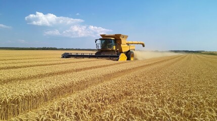 Obraz premium Wheat harvesting in a sunny field with a combine harvester under a clear blue sky during summer