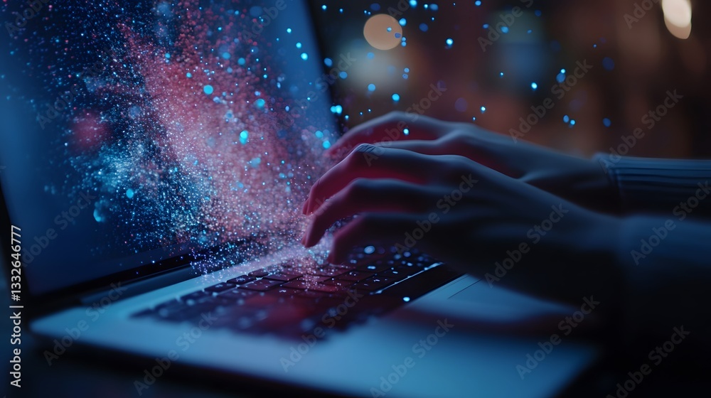 Fototapete Programmer writing code and generating digital data stream from laptop keyboard