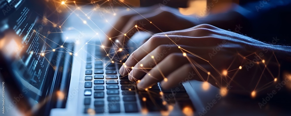 Fototapete Software developer programming on laptop with abstract network connections