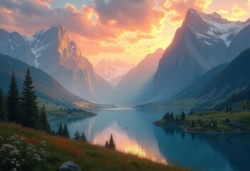 Fototapeta premium majestic mountain sunrise illuminating tranquil landscape vibrant colors serene atmosphere, view, scenery, nature, sky, clouds, light, reflection, lake