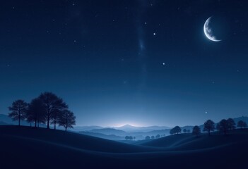 captivating night landscape featuring twinkling stars over serene horizon surrounding tranquil silhouetted trees soft hills, sky, nature, evening, outdoor